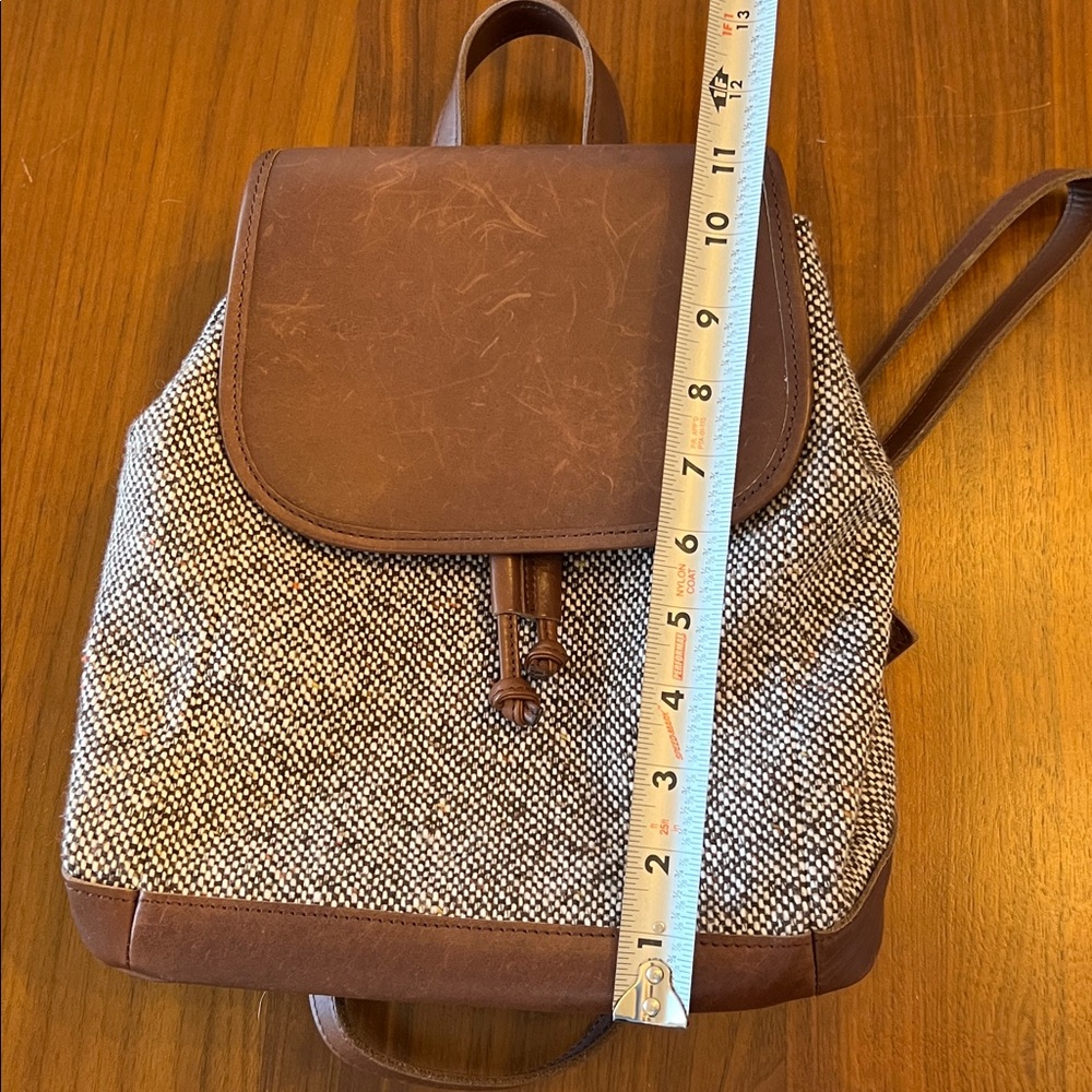 LL Bean Brown Leather & Tweed Backpack Purse - Picture 9 of 10